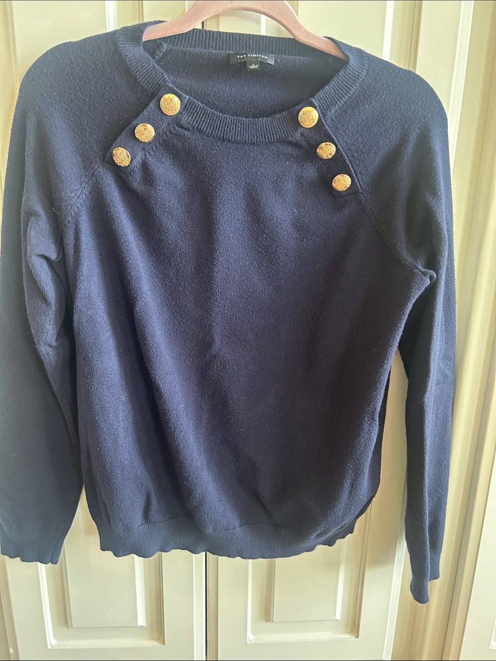The Limited Navy Crewneck Sweater with Gold Buttons